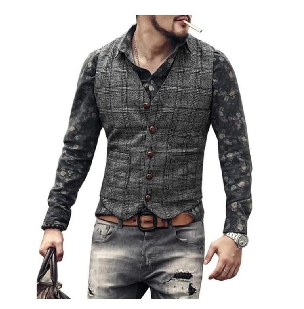 Youllyuu Chaleco de traje para hombre a cuadros sin mangas chaqueta a rayas de un solo pecho de negocios delgado chaleco de vestido de novia