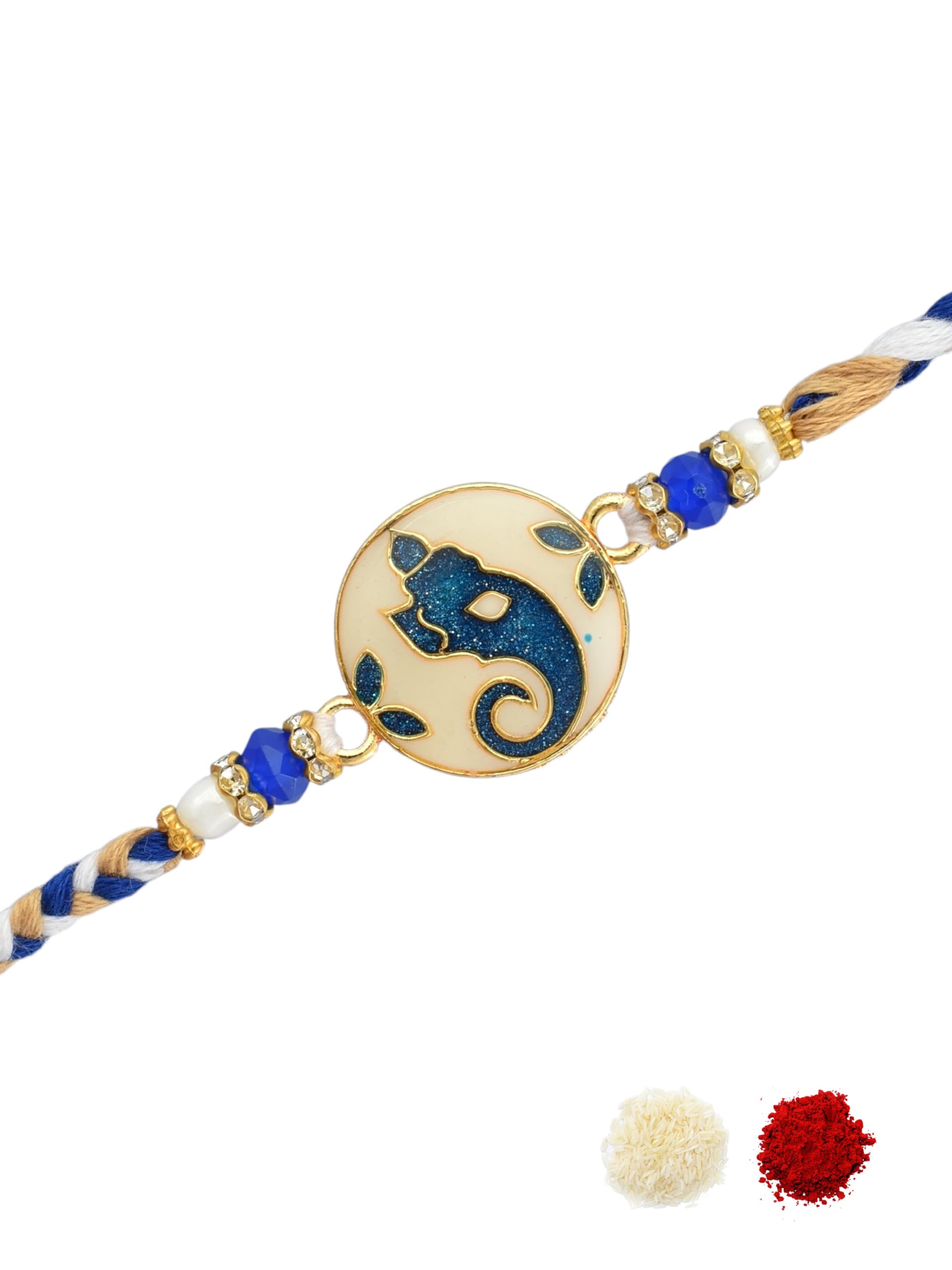 Gold Plated Enamel Work Blue Beaded & Braided Thread Ganesh Religious Design Pack of 1 Rakhi for Brothers, Bhaiya, Bhai with Roli Chawal & Greeting Card for Raksha Bandhan-23-image-1