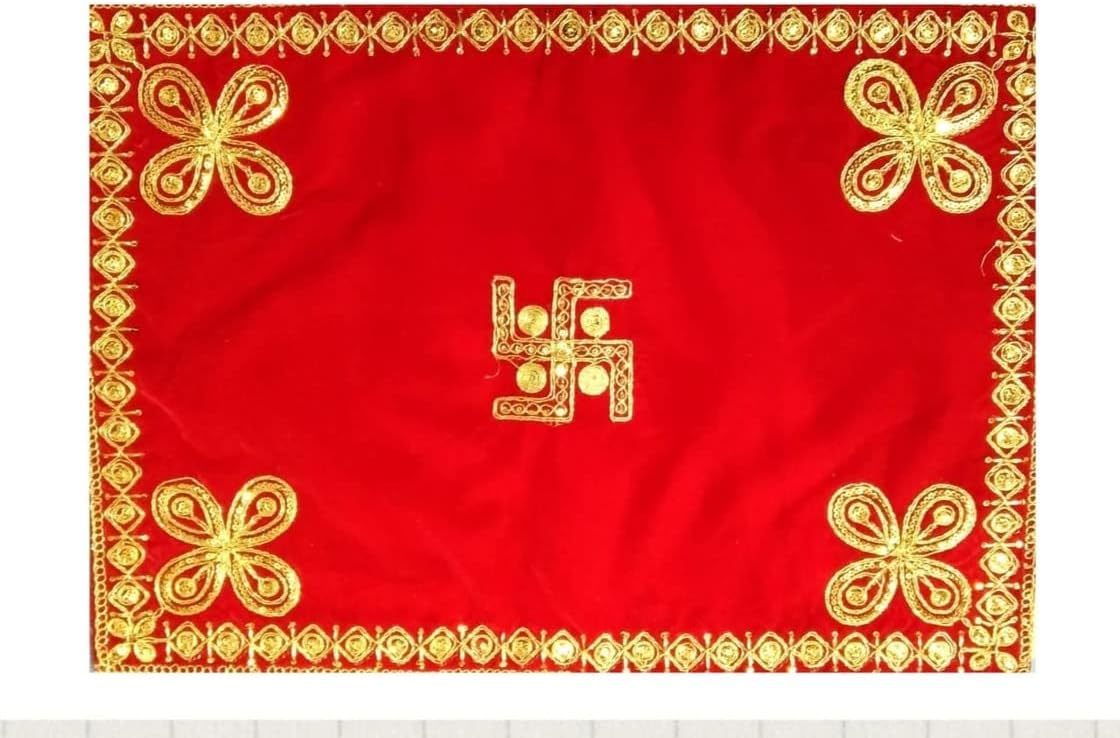 Avneel Premium Swastik Design Velvet Pooja Aasan Cloth for God Idols - Home Mandir, Temple and Pooja Ghar Accessory (15 x 15 Inches, Red) - Pack of 1
