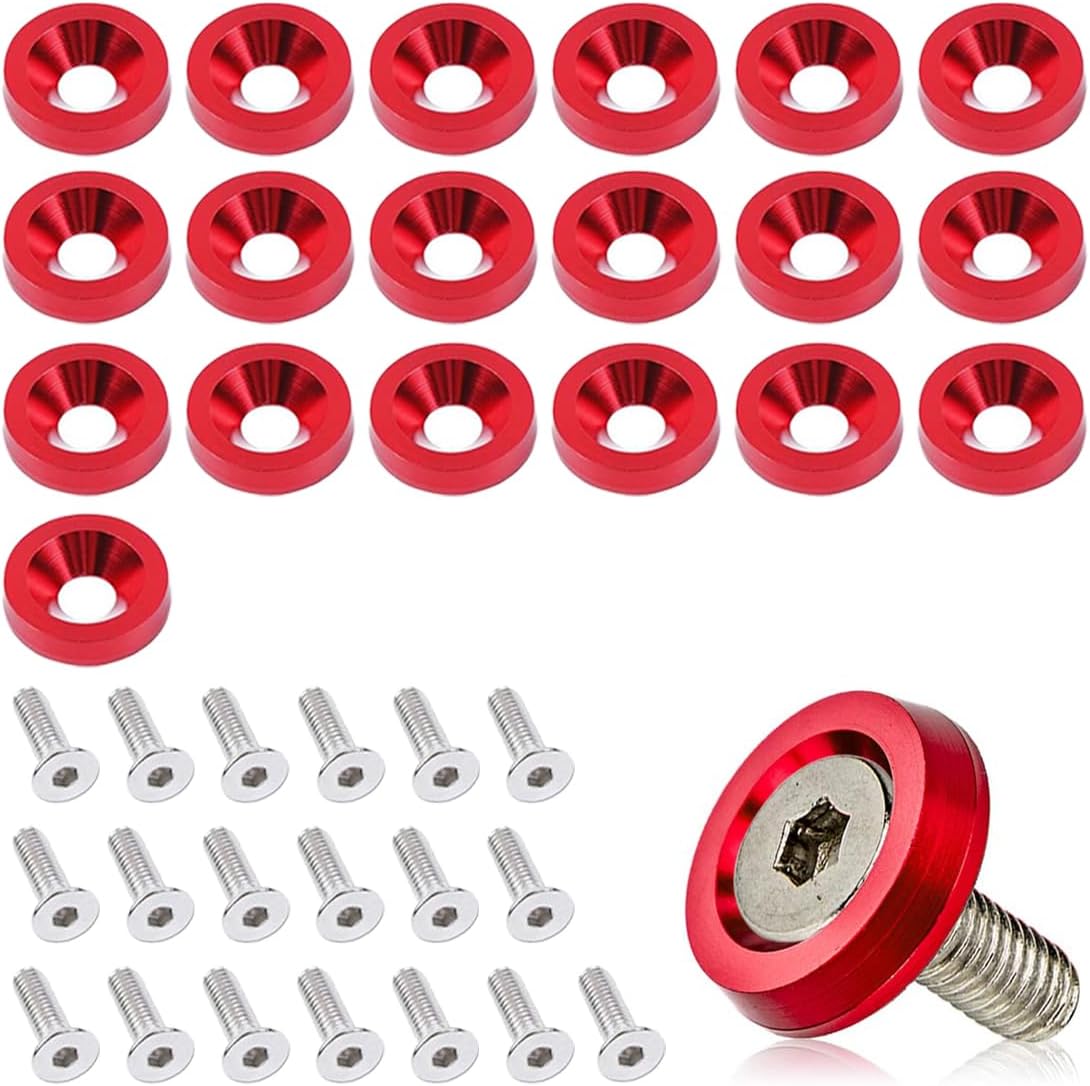 smilfuy 20PCS Aluminum Bumper Fender Washer Stainless Steel Bolts, Engine Bay Dress Up Fastener Kit, M6 JDM Fender Washer, Car Body Decoration Kit for Headlights Trunk License Plate Frame (Red)