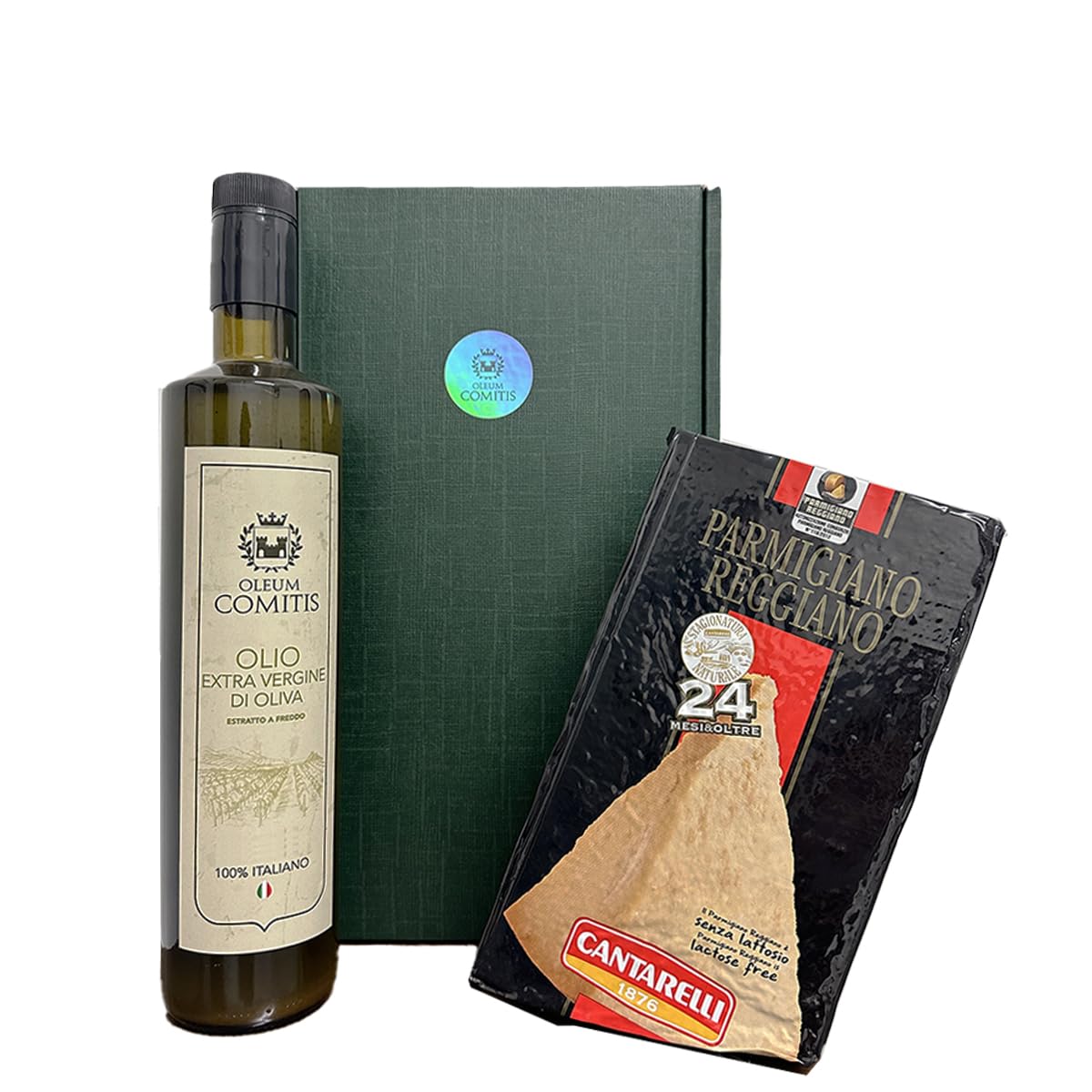 Oleum Comitis – Aceite de oliva virgen extra – Extracto en frío 100% italiano – Caja de regalo con botella de 750 ml y queso parmesano Reggiano Cantarelli 1876 curado 24 meses de 1 kg