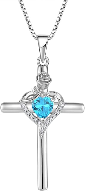 FJ Cross Necklace for Women 925 Sterling Silver Birthstone Rose Flower Necklace Jewellery Gifts for Women Mom Wife Girls Her