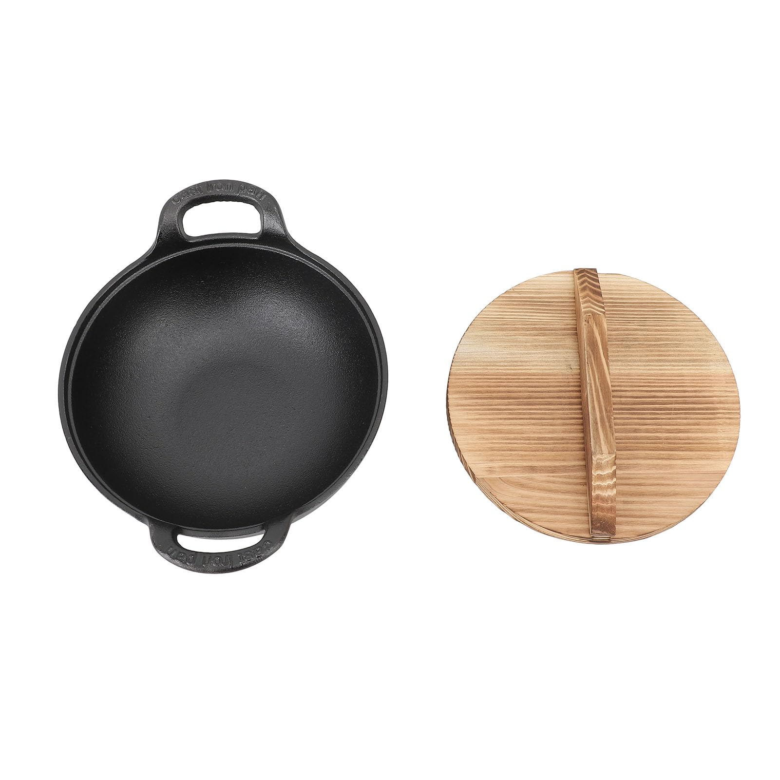Tissting Wok de hierro fundido con tapa de madera, sartén de base plana sin recubrimiento con 2 manijas para vapor de parrilla salteada, adecuada para todas (25 cm)