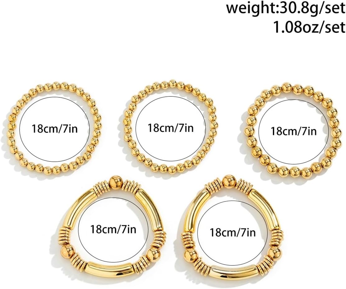 5Pcs Gold Bead Bracelets Set for Women,14K Gold Plated Stackable Bead Ball Bracelets Set,Adjustable Chunky Bangles Bracelets,Boho Stretch Bead Ball Bracelet for Women - Image 6