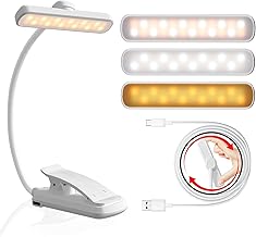 24 LED Rotatable Book Light, 3 Eye-Friendly Colours and 5 Brightness Reading Light, Stepless Dimming, 1000mAh Rechargeable Clip on Light, Long Battery Life, Flexible Arm, Lightweight, White