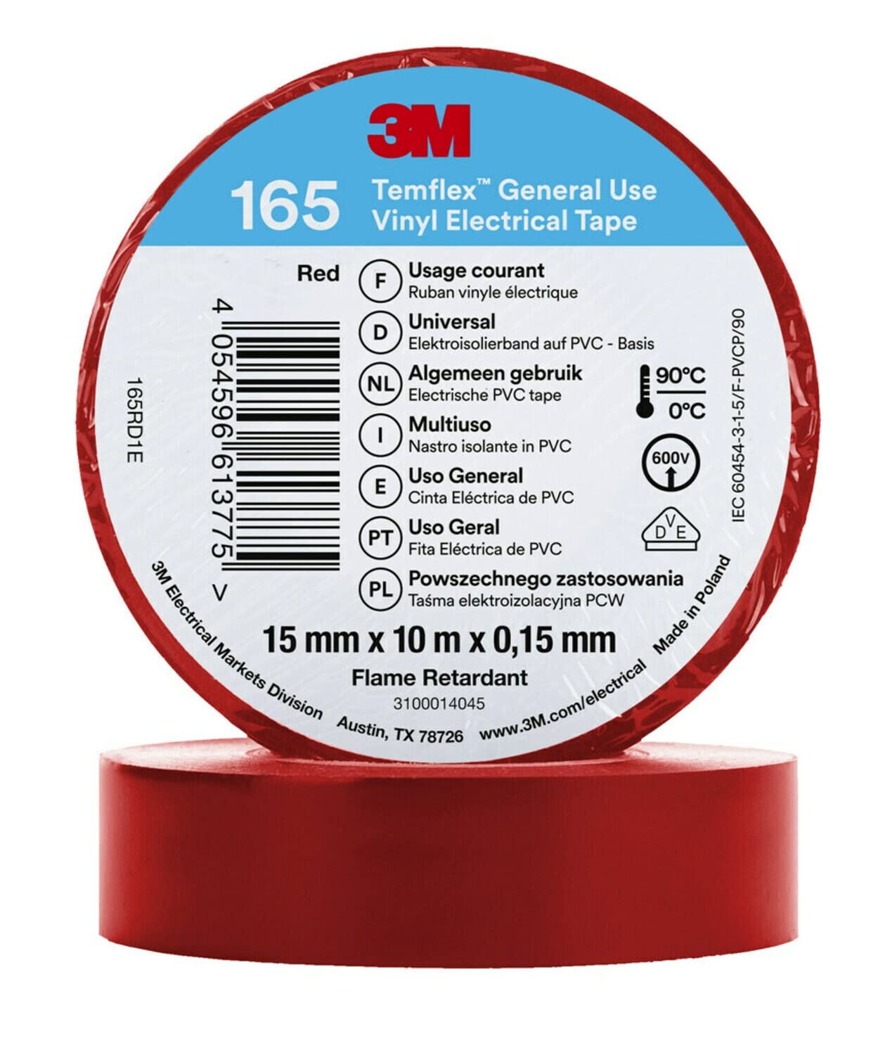 3M Temflex Winylowa taśma elektryczna 165, czerwona, 15 mm x 10 m, 100 rolek/obudowa