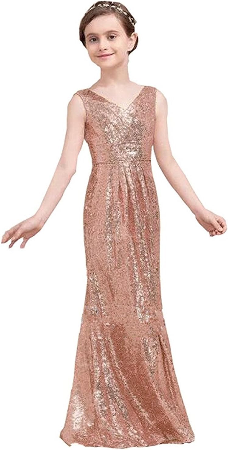 Hengyud Golds Sequins V-Neck Pageant Dress Long Flower Girl Bridesmaid Prom Dress 77