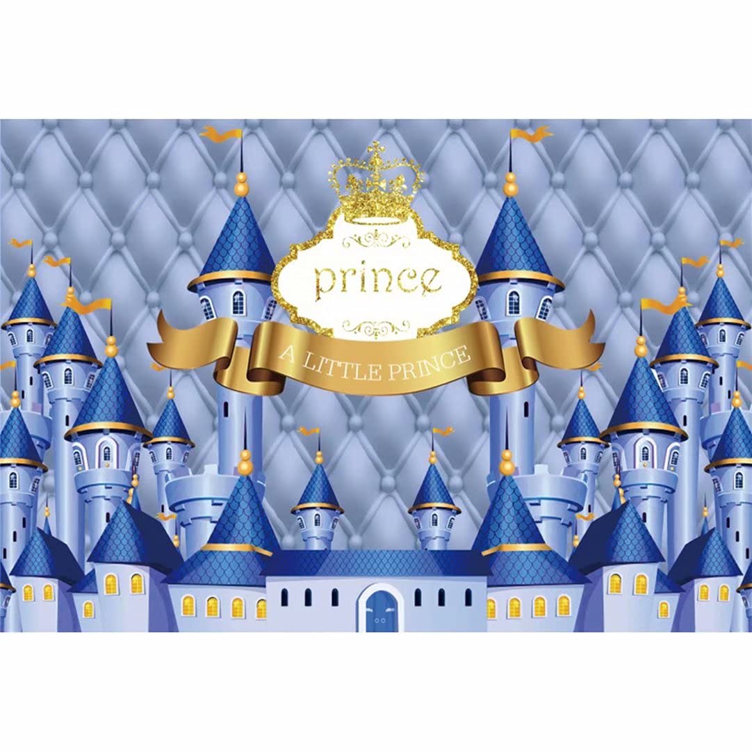 DASHAN 8x6ft Polyester Birthday Backdrop Blue Castle Backdrop Little Prince Baby Boy 1st Birthday Prince Crown Photography Background for Children