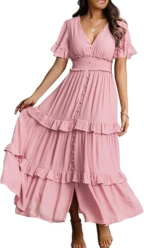 Amegoya Vestido largo bohemio de manga larga con cuello en V para mujer, vestido largo de compromiso para invitadas de boda