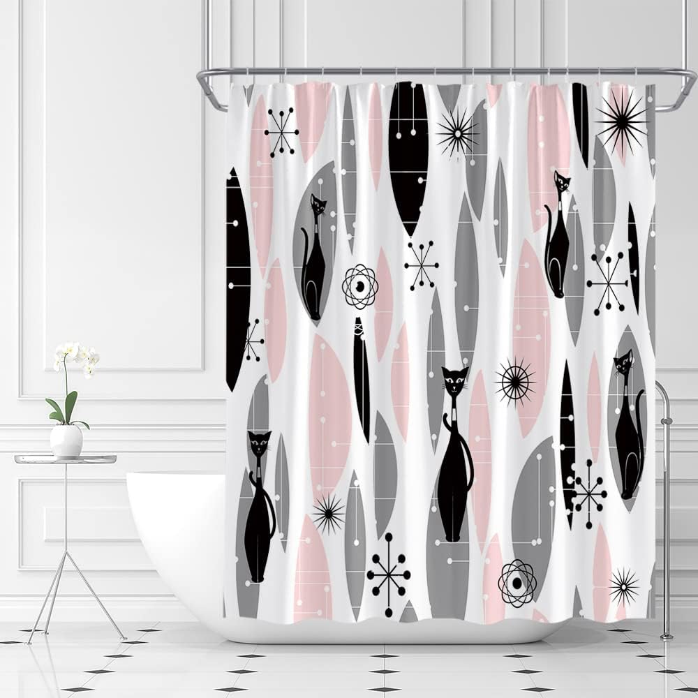 Mid Century Black Cat Shower Curtain Atomic Cat Modern Abstract Geometric Iconic Pattern 1950s Vintage Funny Pink Black Fabric Bathroom Curtains Decor Set with Hook (74.8" Wx70 H)