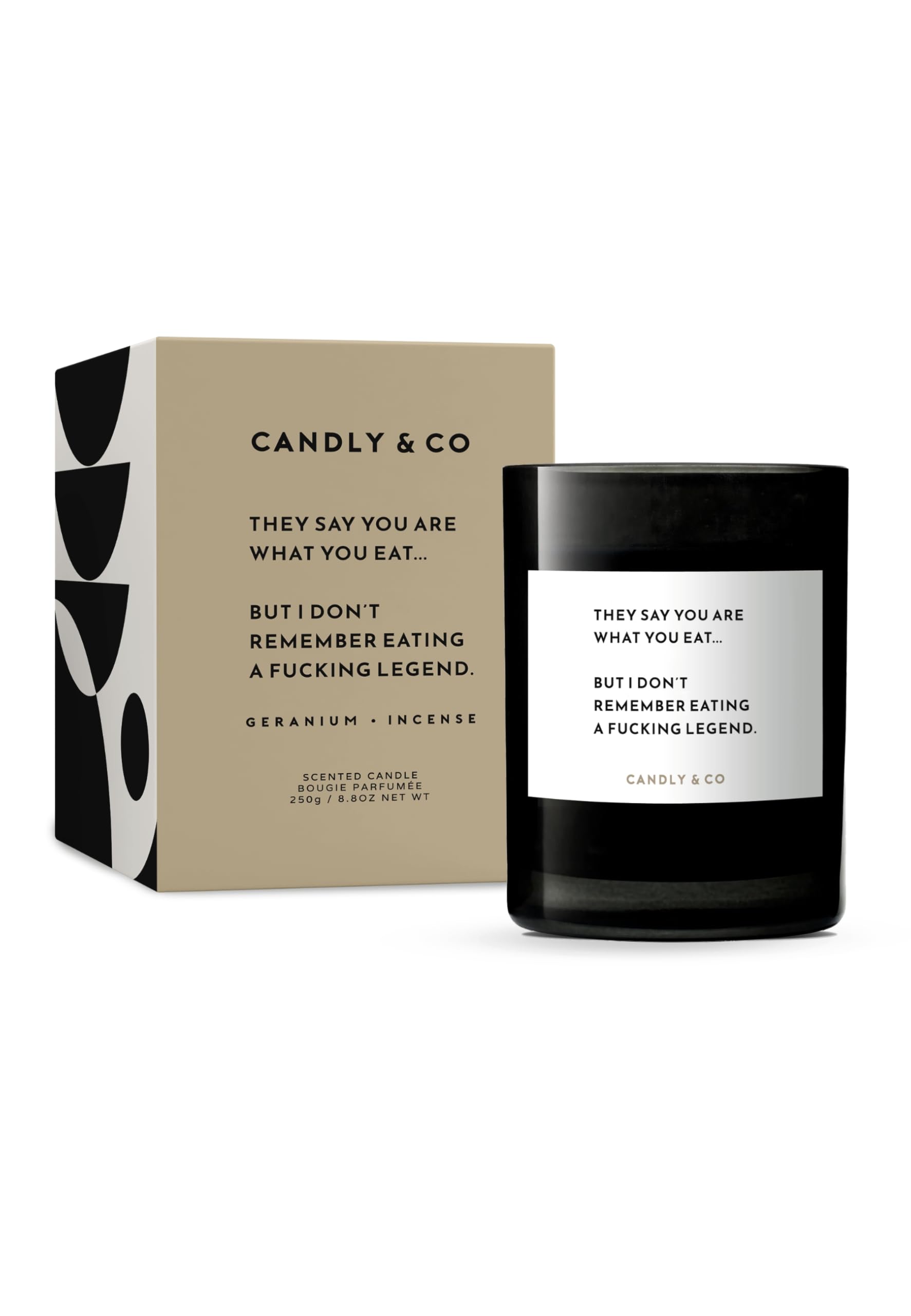 Candly&Co No.1 They say you are what you eat/Luxuriöse Duftkerze/ 100% Soja/Rauchglas/Docht aus Baumwolle/ 250g/ Geranie, Weihrauch, Rose, Orientalisches Holz, Amber, Weißer Moschus/EU-Produktion