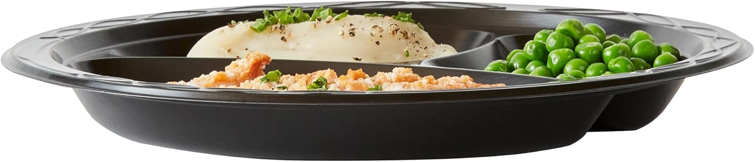 RW Base 10.4 Inch Microwavable Food Plates, 100 Round Plastic Plates - 3 Compartments, Disposable, Black Plastic Dinner Plates, Serve Hot And Cold Foods, For Restaurants And Cafes - Restaurantware - Image 10