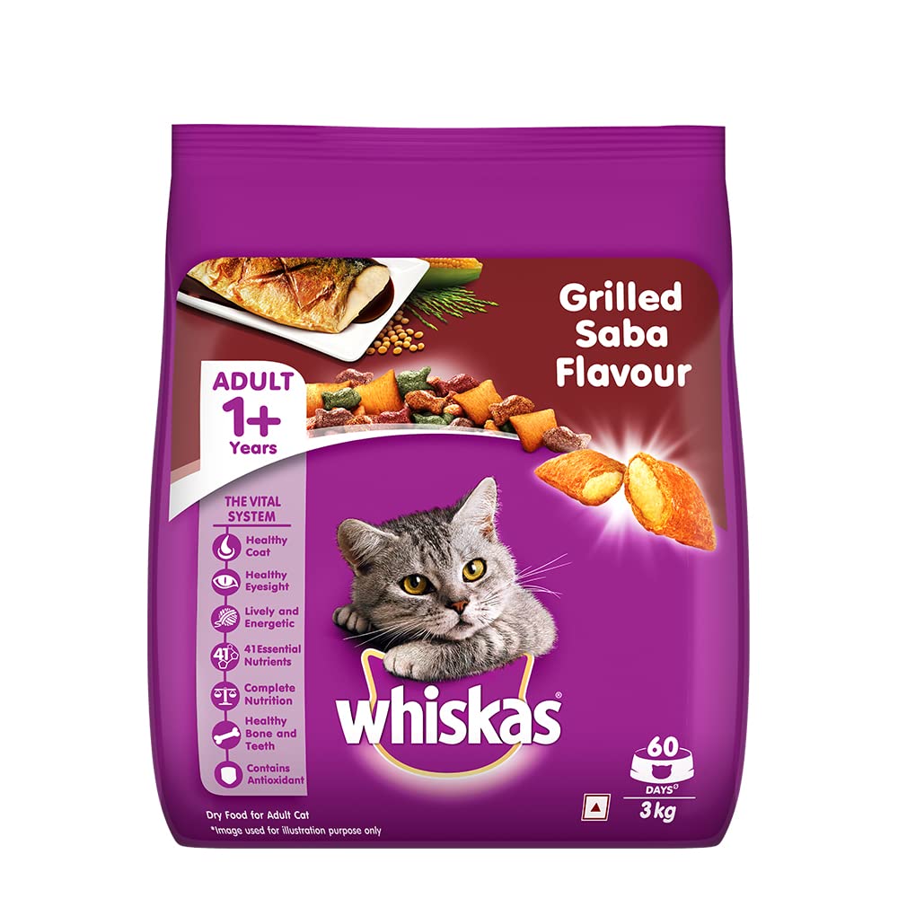 Whiskas Dry Cat Food for Adult Cats (1+ Years), Grilled Saba Flavour, 3