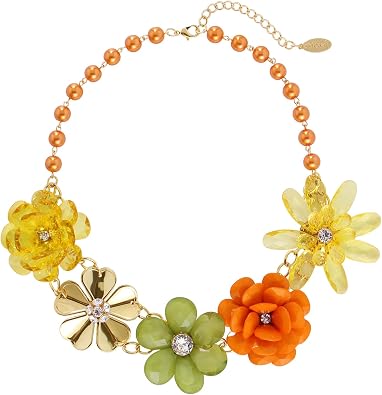 Bocar 5 Flower Braided Crystal Statement Chunky Necklace Bib Collar Flower Pearl Jewelry for Women