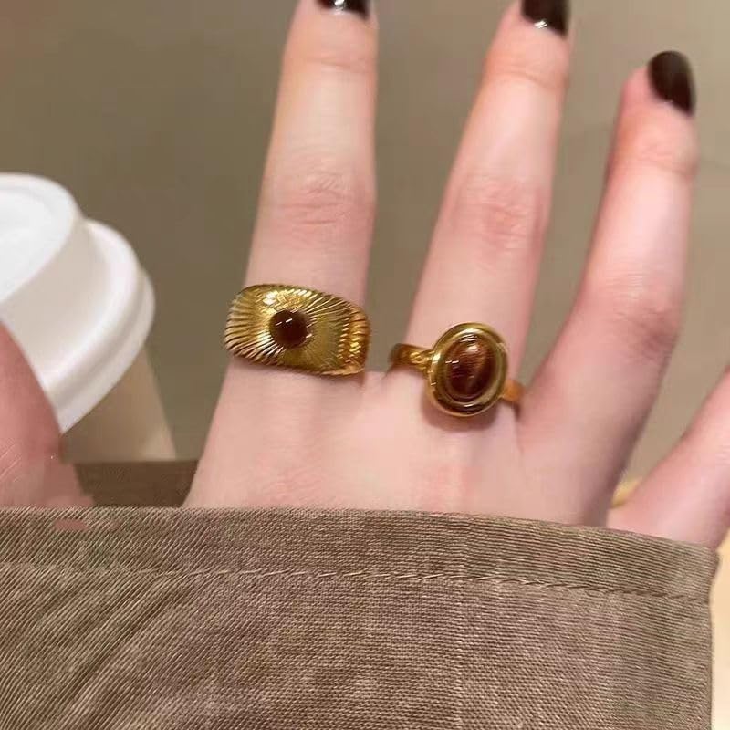 3Pcs Tiger's Eye Chunky Ring Vintage Gold Knuckle Rings Set for Women Boho Retro Sun Stackable Rings Adjustable Open Ring Aesthetic Sunburst Statement Rings Christmas Birthday Jewelry Gift - Image 4