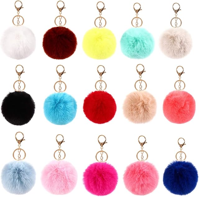 NATUCE 15 Pcs Pom Pom Fluffy Keyrings Soft Plush Charm Keyring Colorful Faux Fur Fluffy Keychain Ball for Women and Girls
