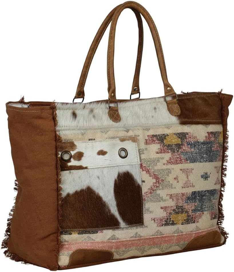 Myra Bag Requisite Weekender Bag Upcycled Canvas, Leather, Cowhide & Rug S-2059