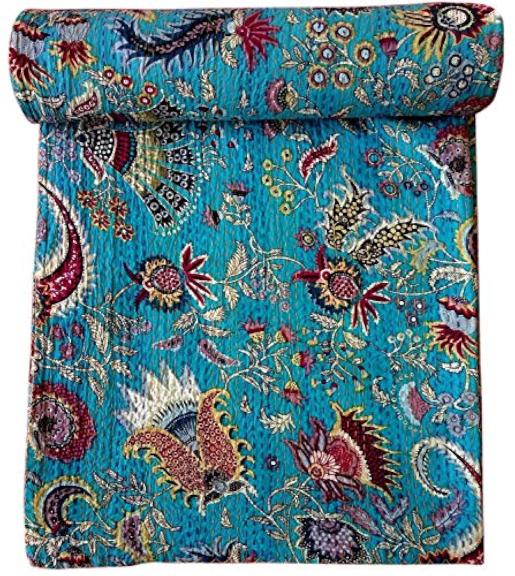 Bird Print Cotton Handmade Bedspread Kantha Quilt, King Size
