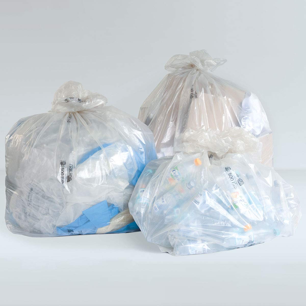 Lot de 50 sacs poubelle Triline Eco 500 l, transparents, résistants à la déchirure, 100% recyclables.
