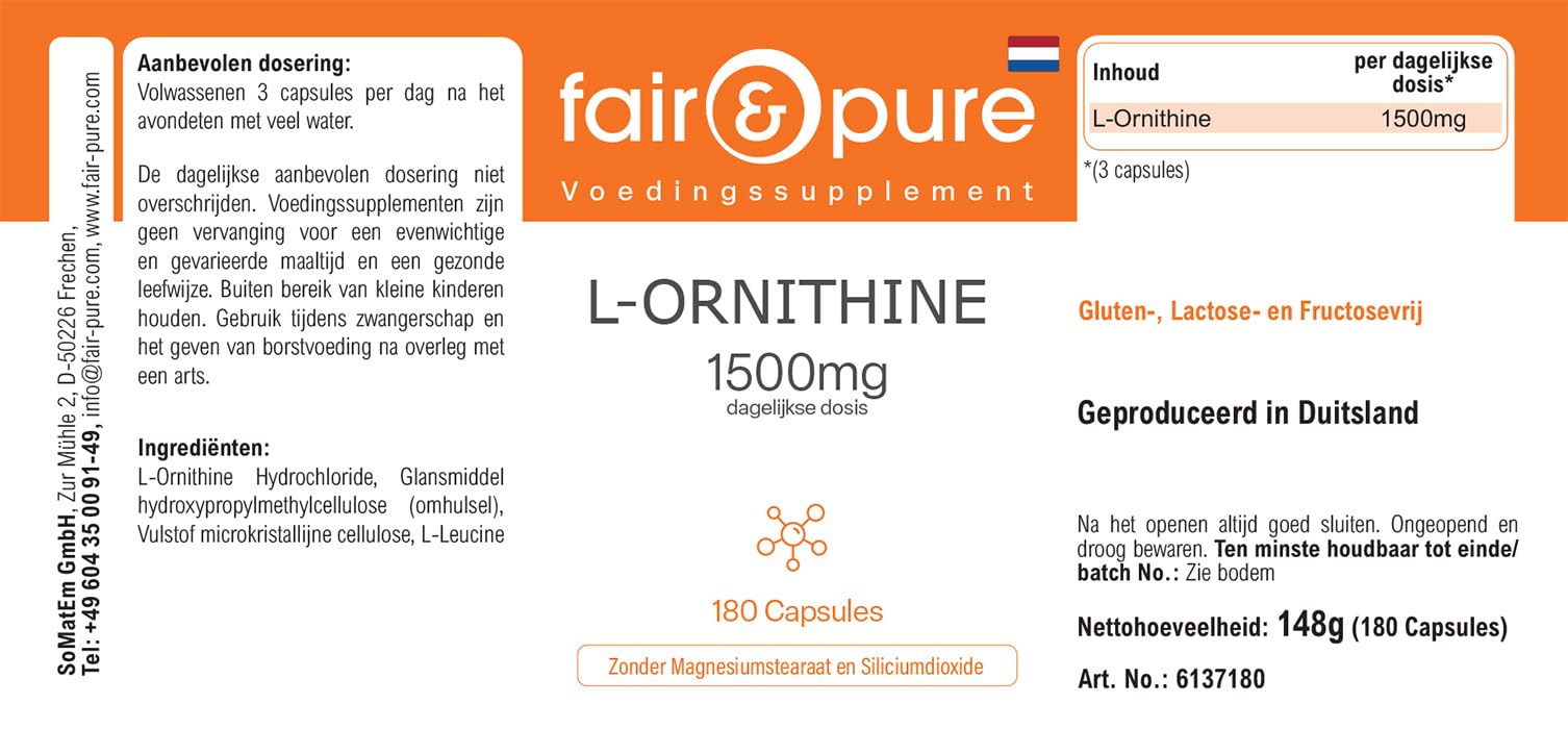 Fair & Pure® - L-Ornitina 1500mg per dose giornaliera - Aminoacido Vegano - Alto dosaggio - 180 Capsule