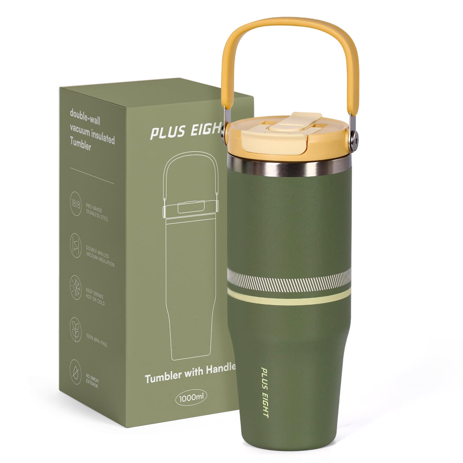 pluseight Stainless Steel Tumbler with Straw, 1000ml/32oz Travel Mug with Handle,Leakproof Reusable Travel Mug, Keeps Cold for 24H or Hot 12H, Fit in Car Cup Holder (Green Line)