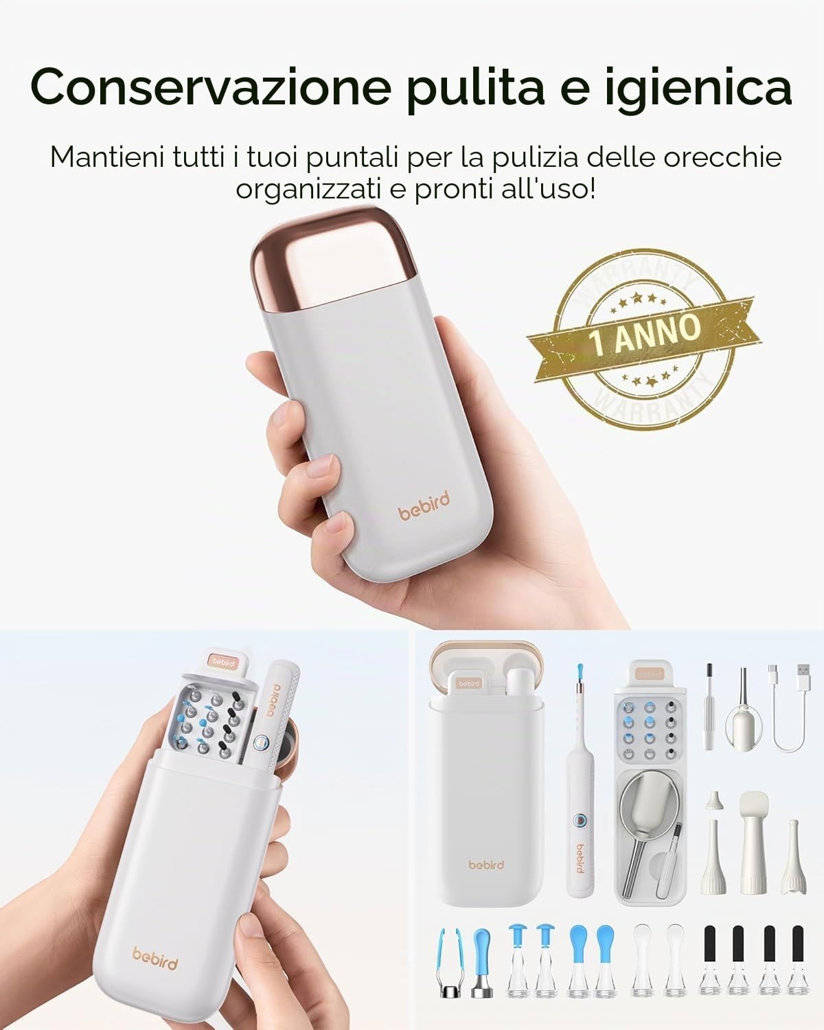Bebird Otoscopio Digitale, 1920P HD Flessibile Pulisci Orecchie con Telecamera, Kit Rimozione Cerumeper Orecchie/Naso/Gola, Pulizia Orecchie con Pinzette, Punte Sostituibili per Adulti e Bambini
