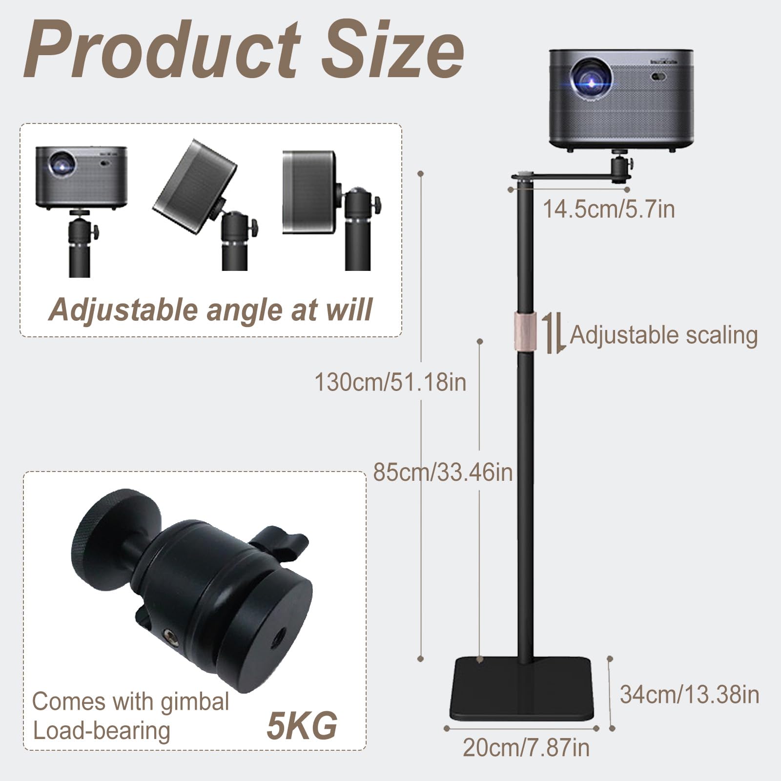 Support de vidéoprojecteur, pivotant à 360°, hauteur réglable de 85 à 130 cm, tige de support en métal épais, pied en métal stable, capacité de charge jusqu'à 5 kg, mini support de sol pour la maison