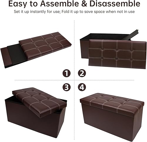 Miniatura 7 de Otomana plegable de almacenamiento de 30 pulgadas, otomana de cuero sintético negro, banco de almacenamiento para dormitorio, sala de estar y