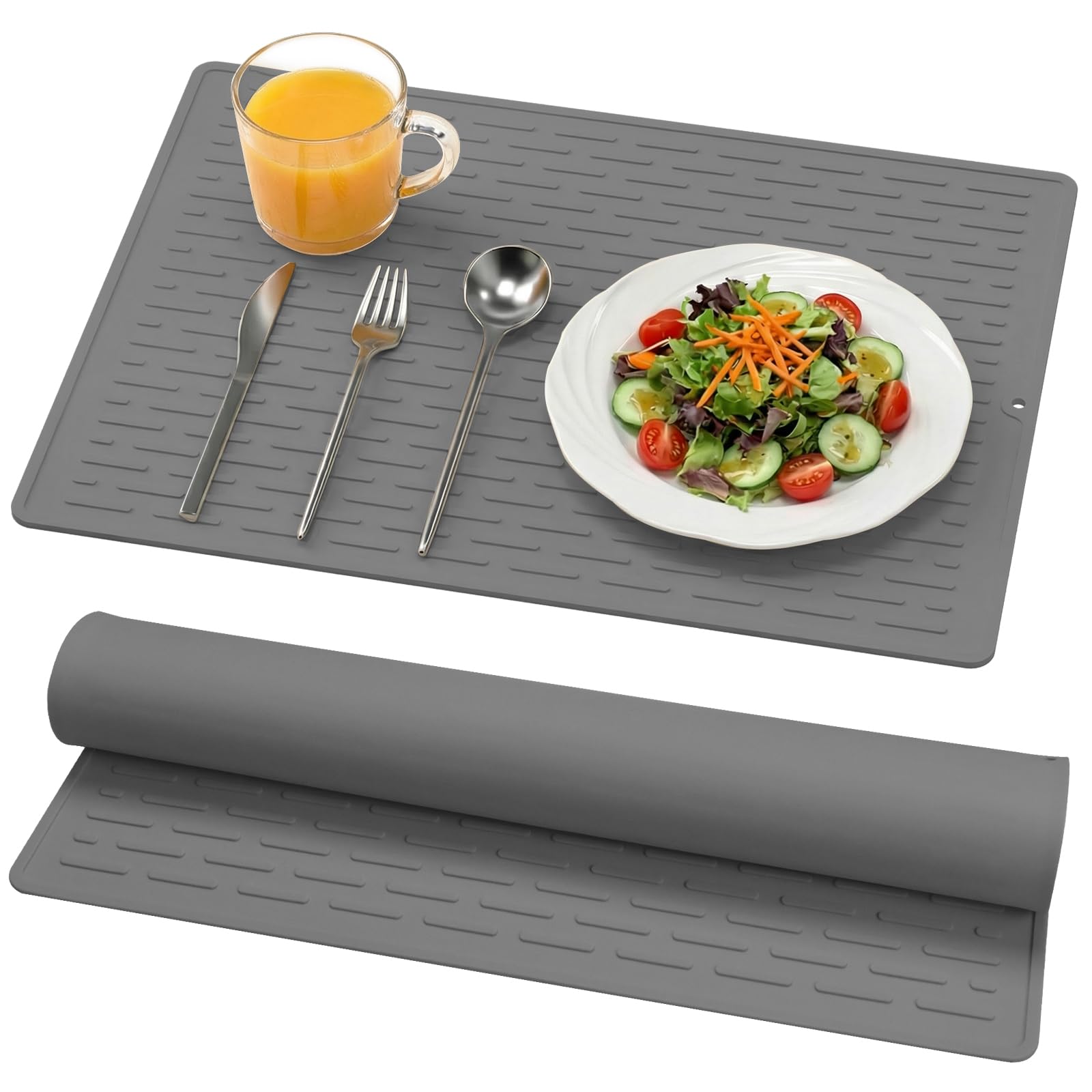 BLESWIN Silicone Dish Drying Mat with Built-in Grooves, 30 x 40 cm, Easy Clean Multi-Usage Dish Drying Pad for Kitchen Countertops, Sink Liner or Refrigerator Storage (Grey)