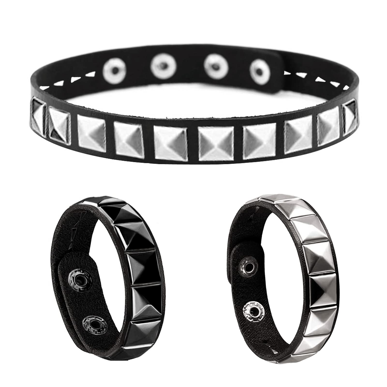 Tosmifairy Studded Leather Choker Necklace and Bracelets Set for 80s 90s Vintage Women Men Punk Rock Emo Goth Jewelry Scene Costume Accessories