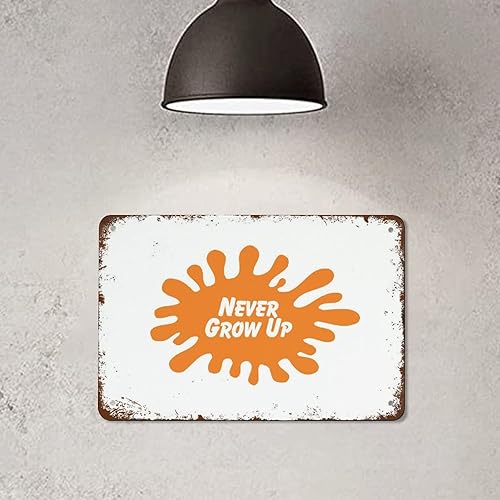 Miniatura 5 de Cartel de metal con texto en inglés "Never Grow Up Nickelodeon Splatter 90", cartel creativo de estaño, divertido letrero de metal, decoración de