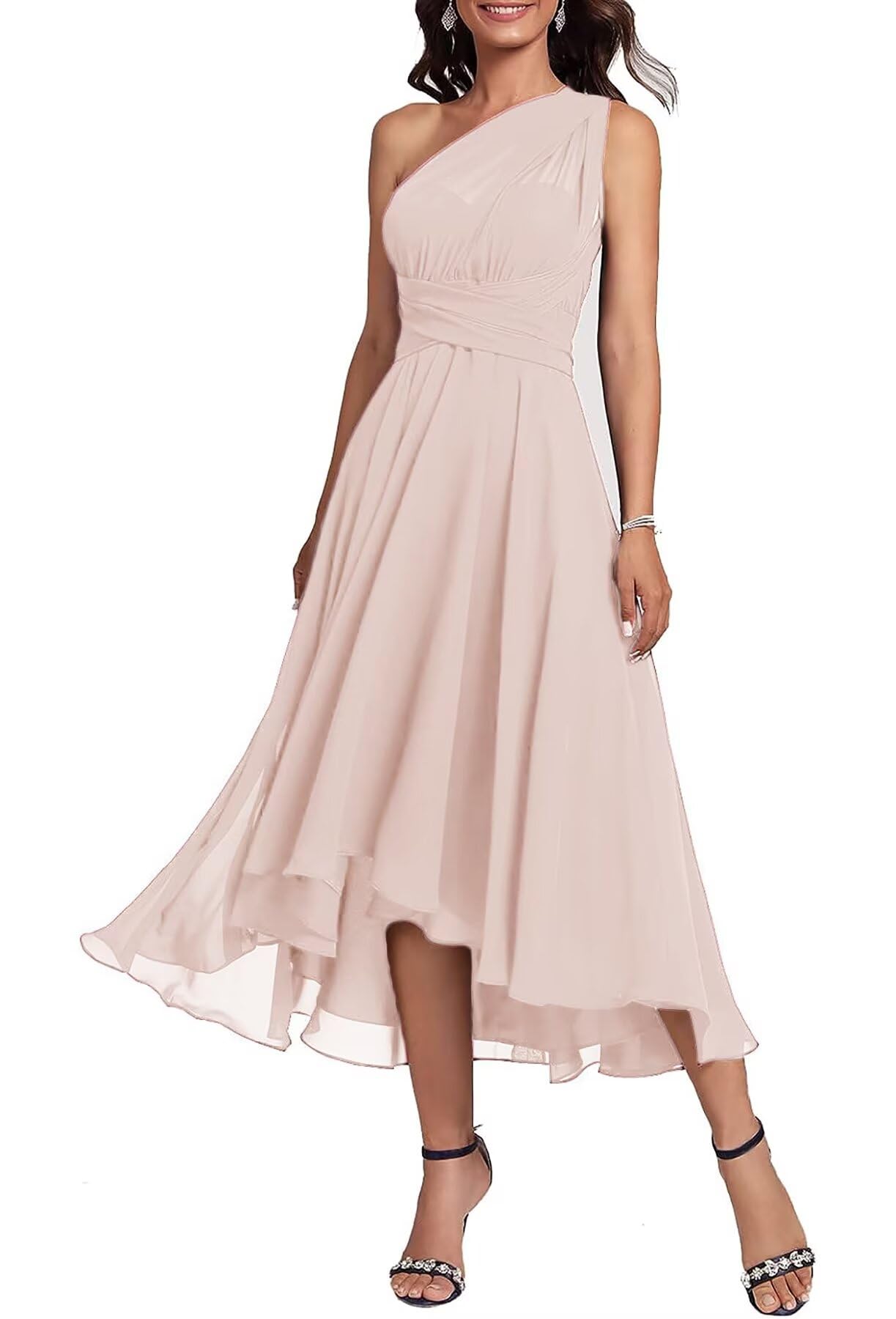 ARYIKEOL Women's One Shoulder Chiffon Bridesmaid Dresses High Low Convertible Wedding Guest Dress