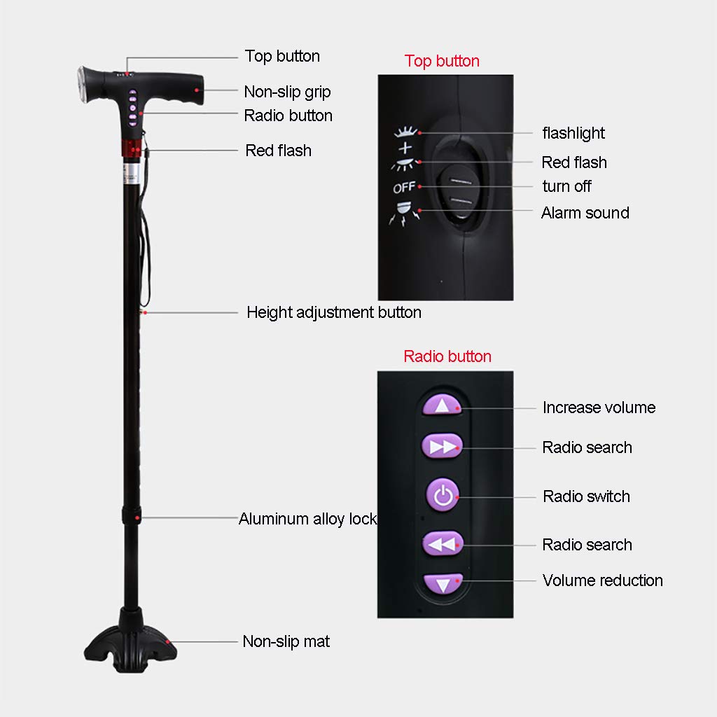 Bastón De Bastón Muletas Inteligente Inteligente De Múltiples Funciones, Bastón Telescópico Antideslizante con Luz LED Ajustable Smart Radio Alarm Muletas De Aluminio, Negro