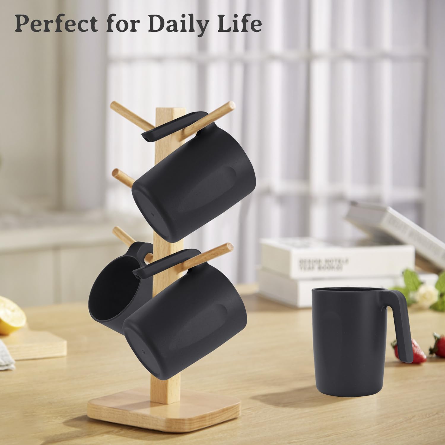 Wrova 16oz Wheat Straw Cups with handles set of 6-Plastic Cups Reusable-Unbreakable Kids Mugs-Dishwasher Safe & Microwave Safe-Ideal Plastic Mugs for Tea,Coffee,Camping,RV-Black - Image 5