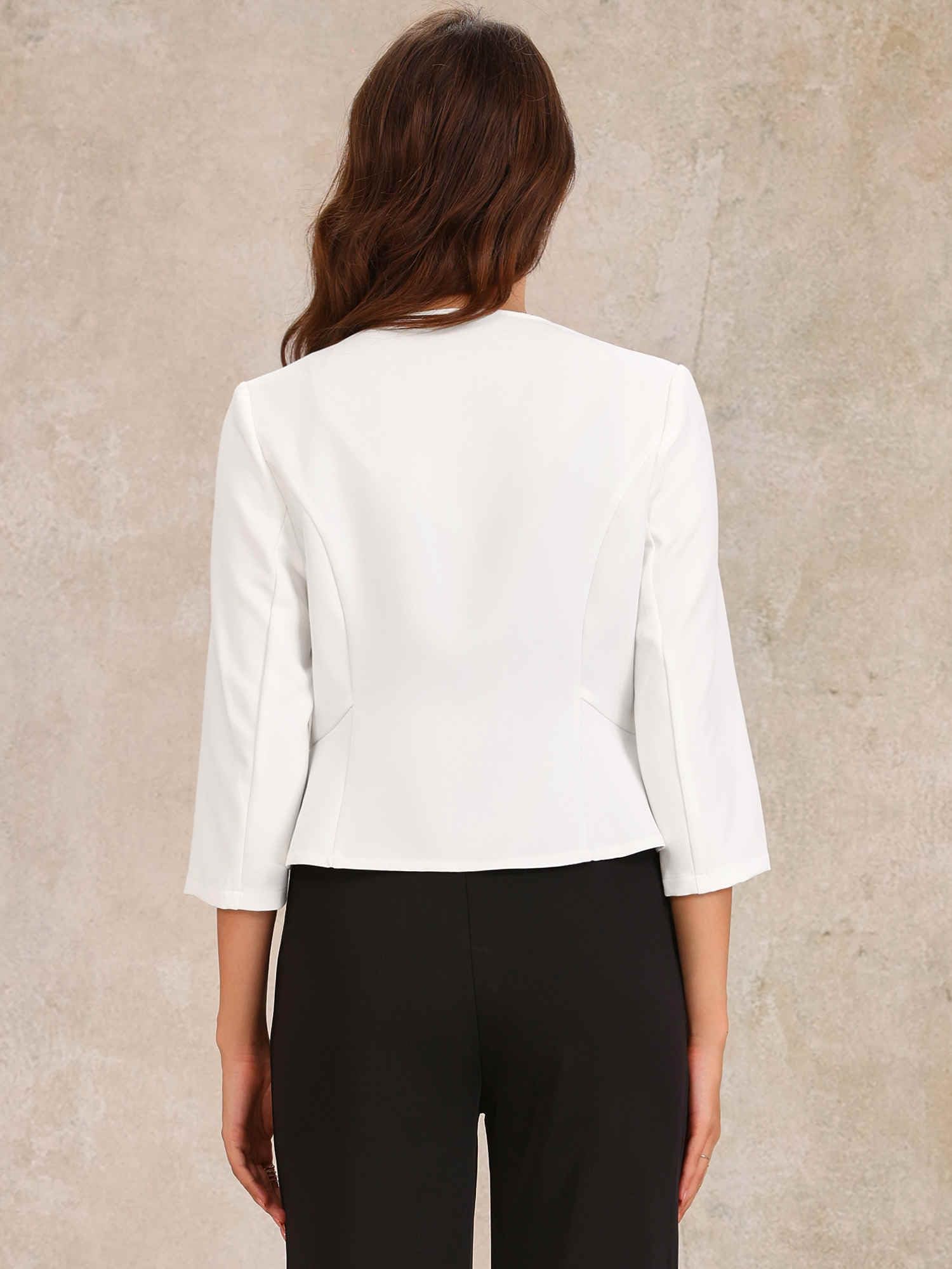 Allegra K Blazer Court Élégant Femme Costume d'affaire Basque à Manches 3/4 Ouvert sur Le Devant Veste Cintrée de Bureau