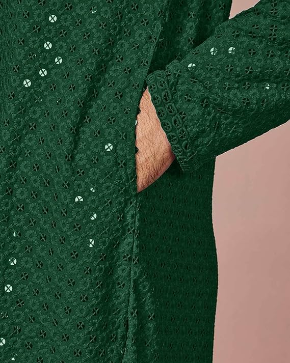 Image of Men's Rayon Blend Lucknowi Sequence Kurta Pyjama (Chickankari)