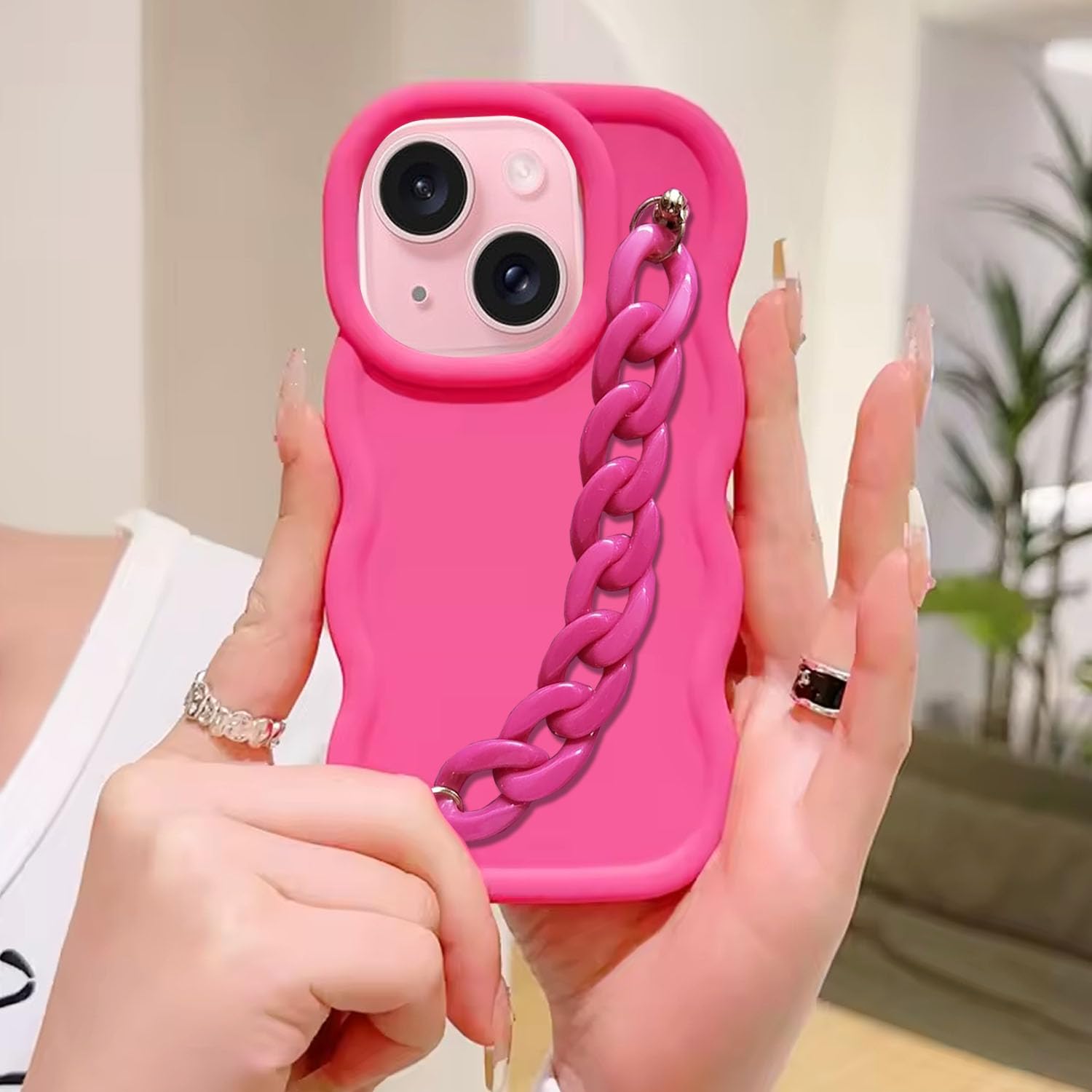 KC Back Cover for Apple iPhone 15-3D Big Wave Shape Shockproof Bumper Marble Chain Bracelet Soft Silicone Case with Camera Protection (Pink) (B0D8ZSPXBS) Amazon Price History, Amazon Price Tracker