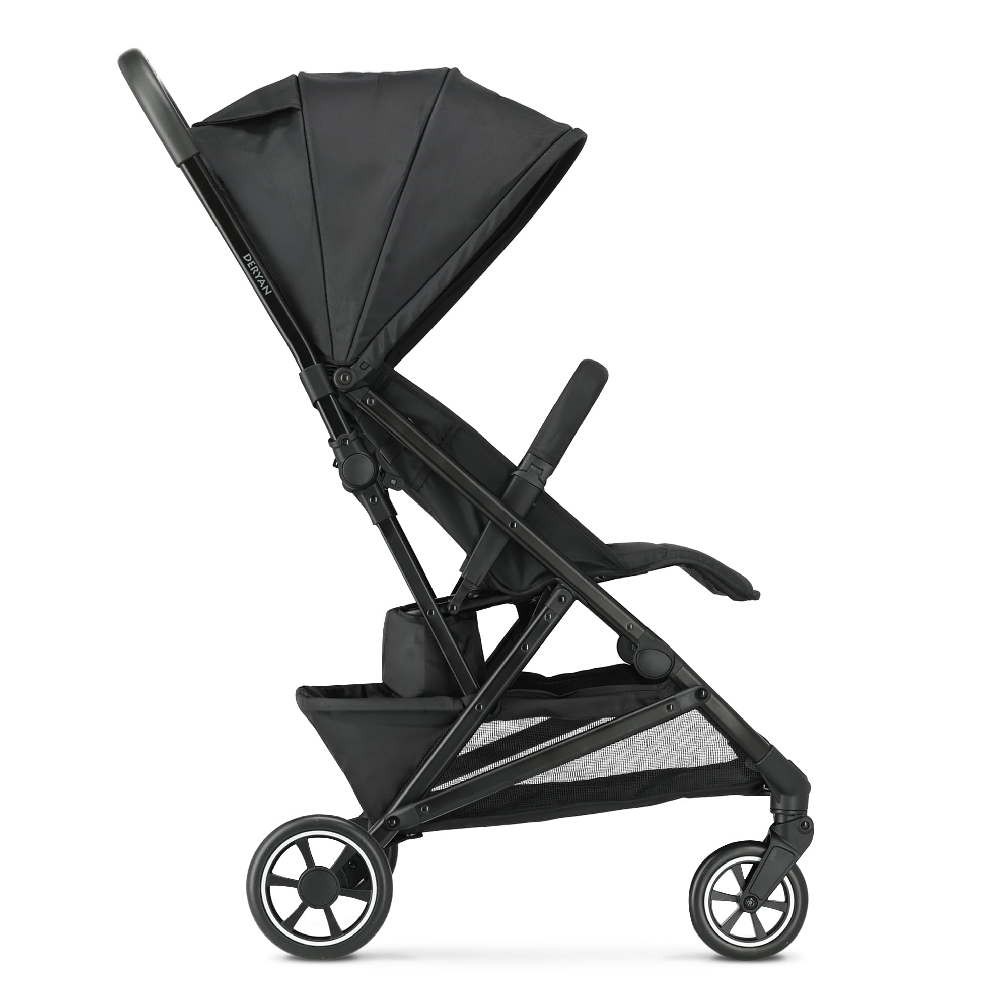 Deryan Easy, Passeggino 0+ Mesi-22 Kg, Passeggino Leggero con Chiusura Smart e Compatta, Capotte Estensibile con Trattamenti UV50+ Antipioggia, Regolabile, Poggiagambe, Nero