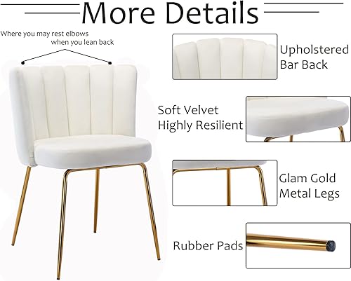 Miniatura 4 de Juego de 2 sillas de comedor de terciopelo tapizadas con patas de metal dorado crema de mediados de siglo, modernas sillas decorativas para sala de