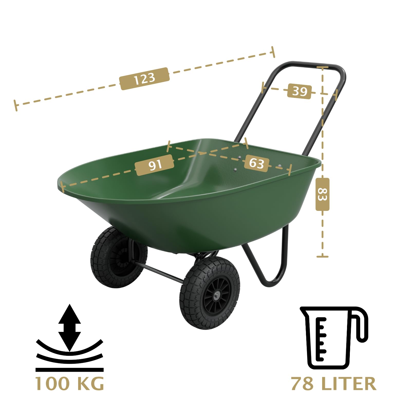 HAGO 24 | Carriola | Verde | Carrello da giardino | 78 l | 100 kg | Funzione ribaltabile | Vasca in PP | Telaio in acciaio | Ruote in PU | Carro cortile | Aiuto per il trasporto