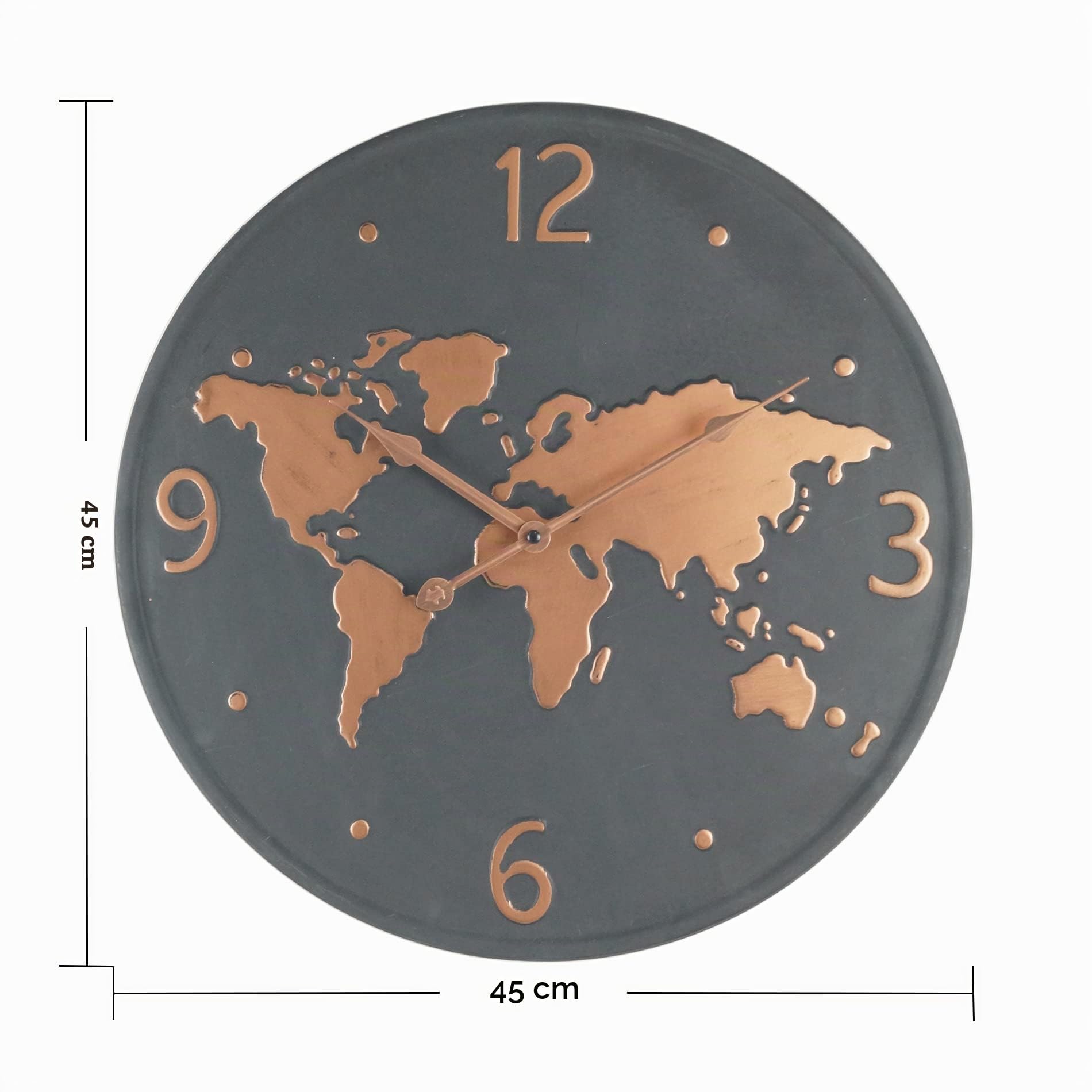 Rebecca Mobili Orologio Muro, Orologio Parete Metallo, Disegno Mondo, Grigio Scuro Marrone Rame, Tondo, Salotto Cucina - Diametro 45 cm x P 4,5 cm - Art. RE6597