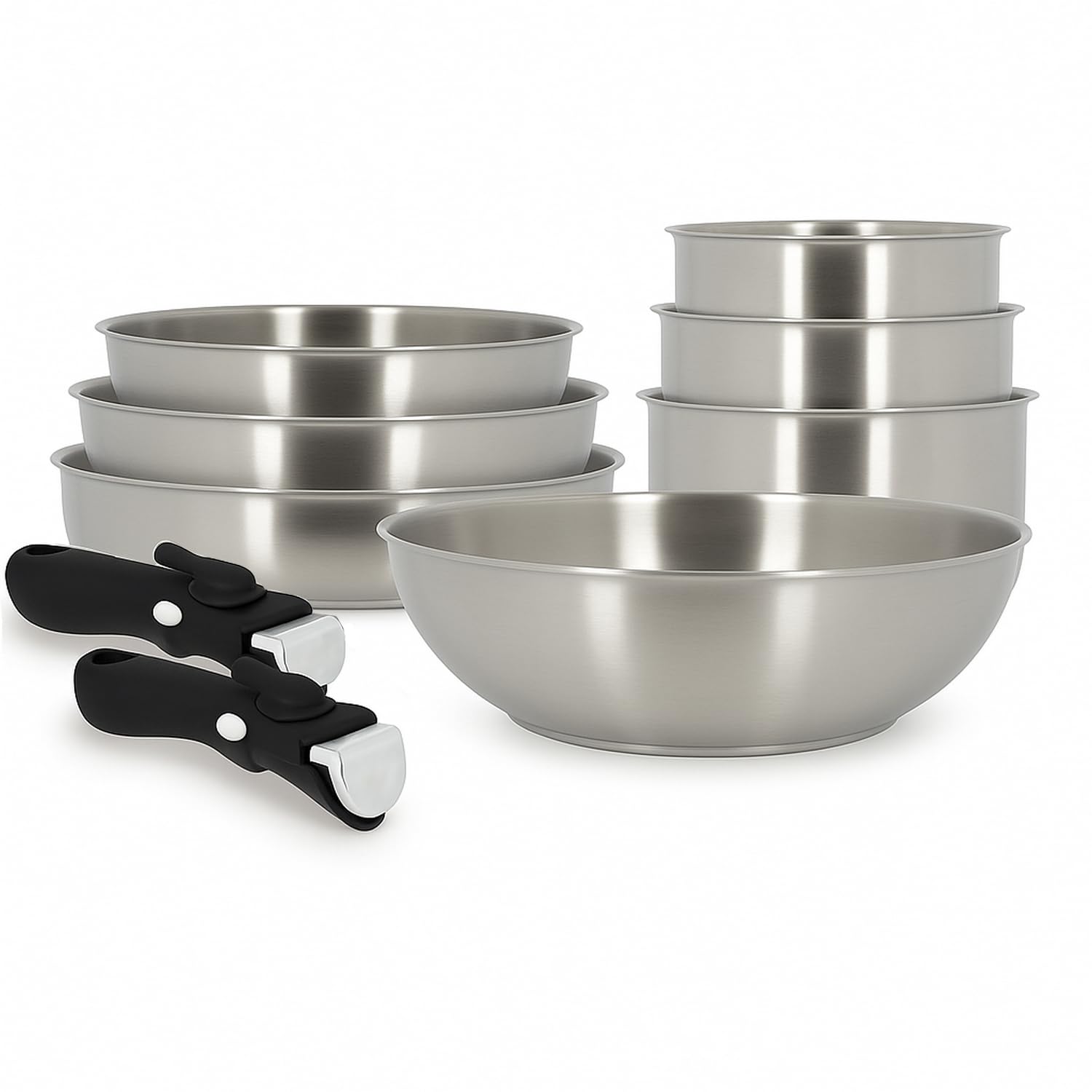 MENASTYL - Batterie de cuisine inox 18/10 amovible 9 pièces Iris Inox sans PFAS - Tous feux dont induction, four, réfrigérateur et lave-vaisselle - Empilable et résistante - Poignée double sécurité