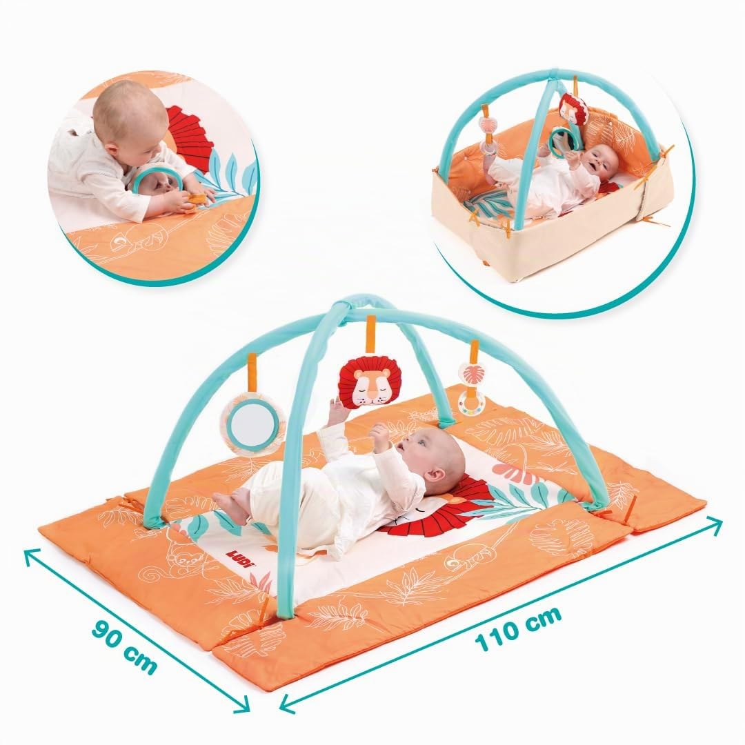 Ludi - Tapis Lion - Tapis Éveil Bébé - Moelleux Et Doux - Dès La Naissance - Développe Motricité, Dextérité Et Acuité Visuelle - Tapis, 2 Arches Amovibles Et 3 Activités Suspendues - 110 x 48 x 90 cm