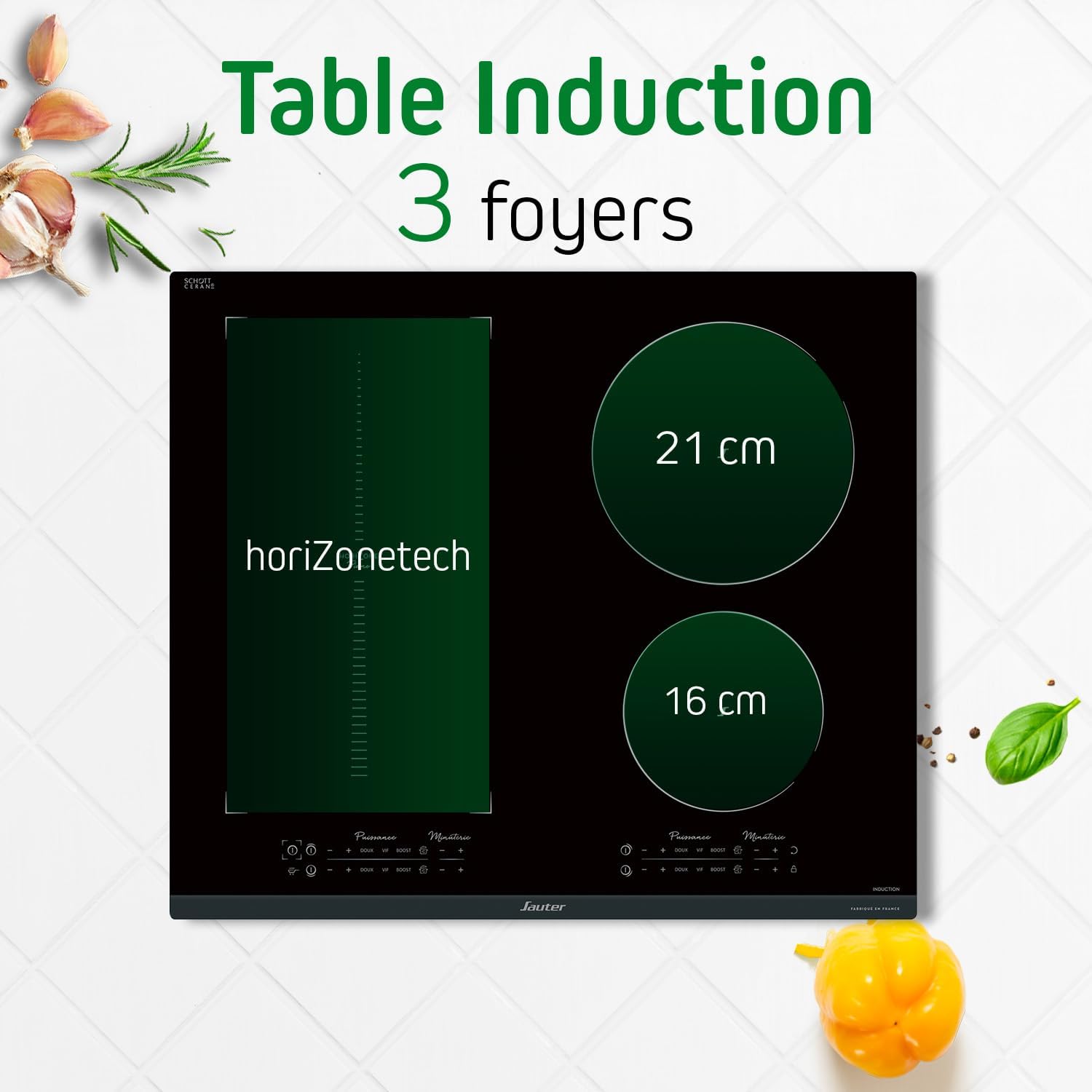 Atas ke bawah view of the Sauter induction hob showing the control panel and three cooking zones: one large rectangular HoriZone Piano area, one 21 cm round zone, and one 16 cm round zone.