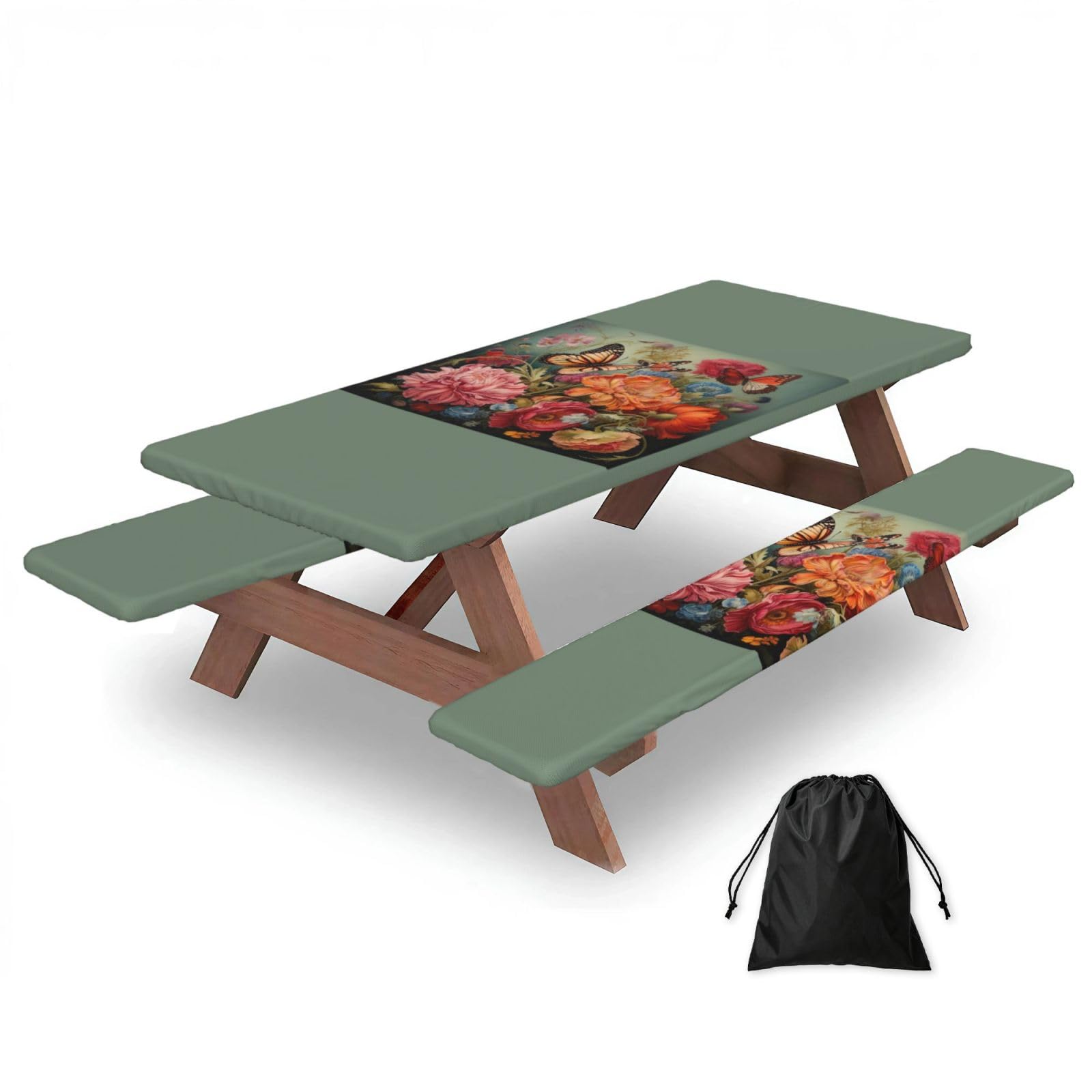 PPHGUT Flowers And Butterfly Print Picnic Table Bench Cover Set Outdoor Garden Bbq Protector For Family Camping
