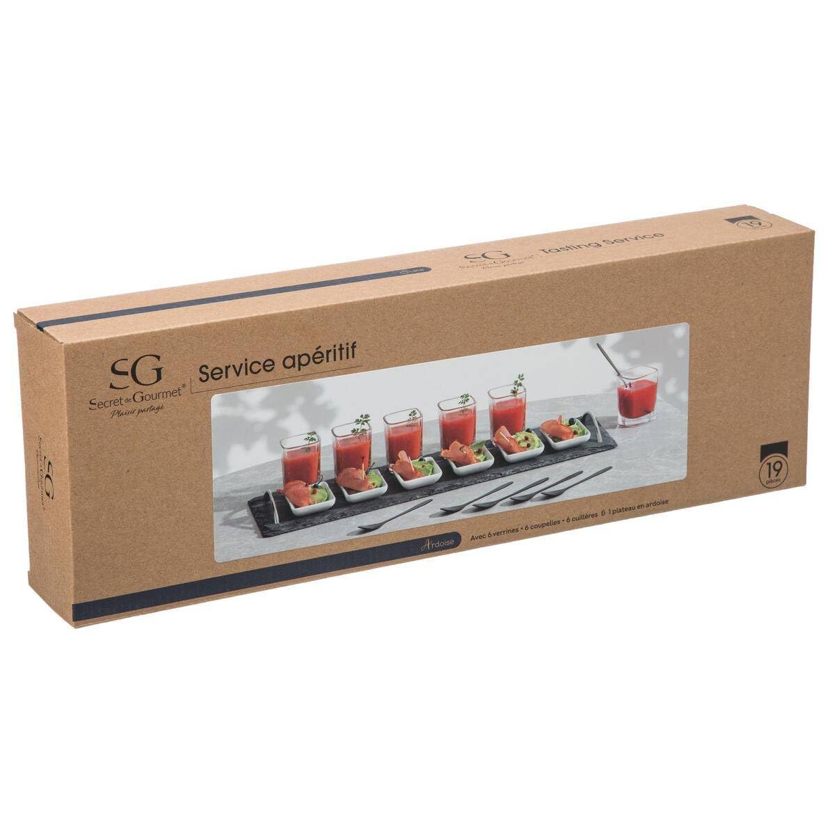 Secret de gourmet - Service Apéritif 19 Pièces 1 Plateau en Ardoise 6 Verrines 6 Coupelles 6 Cuillères