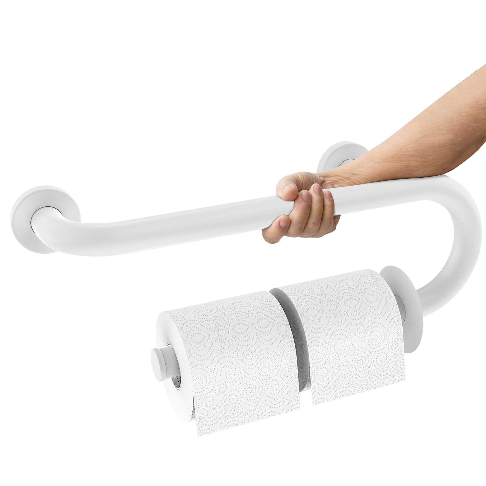 Zepolu Right Hand Toilet Paper Holder Grab Bar 16 Inch - 1” Diameter, 2-in-1 Toilet Grab Bar White, Stainless Steel Safety Grab Rail Balance Bar, Wall Mount Assist Handle for Senior Elderly Handicap