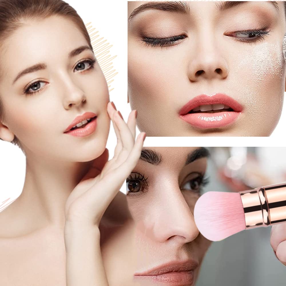 Retractable Makeup Brush Telescopic Face Brush Retractable Face Kabuki Brush Round Powder Travel Makeup Brushes Powder Foundation Blush Portable Makeup Brush (Gold Pink) - Image 4