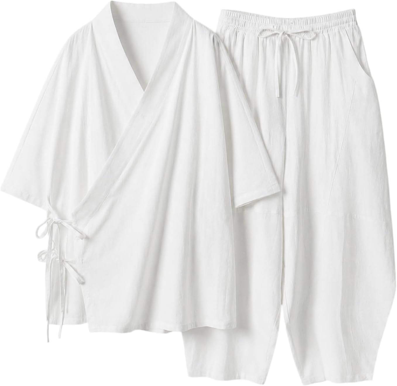 Men's Cotton Chinese Tang Suit Set Three-Quarter Sleeve Loose Top and Capri Pants Retro Casual 2 Piece Outfit
