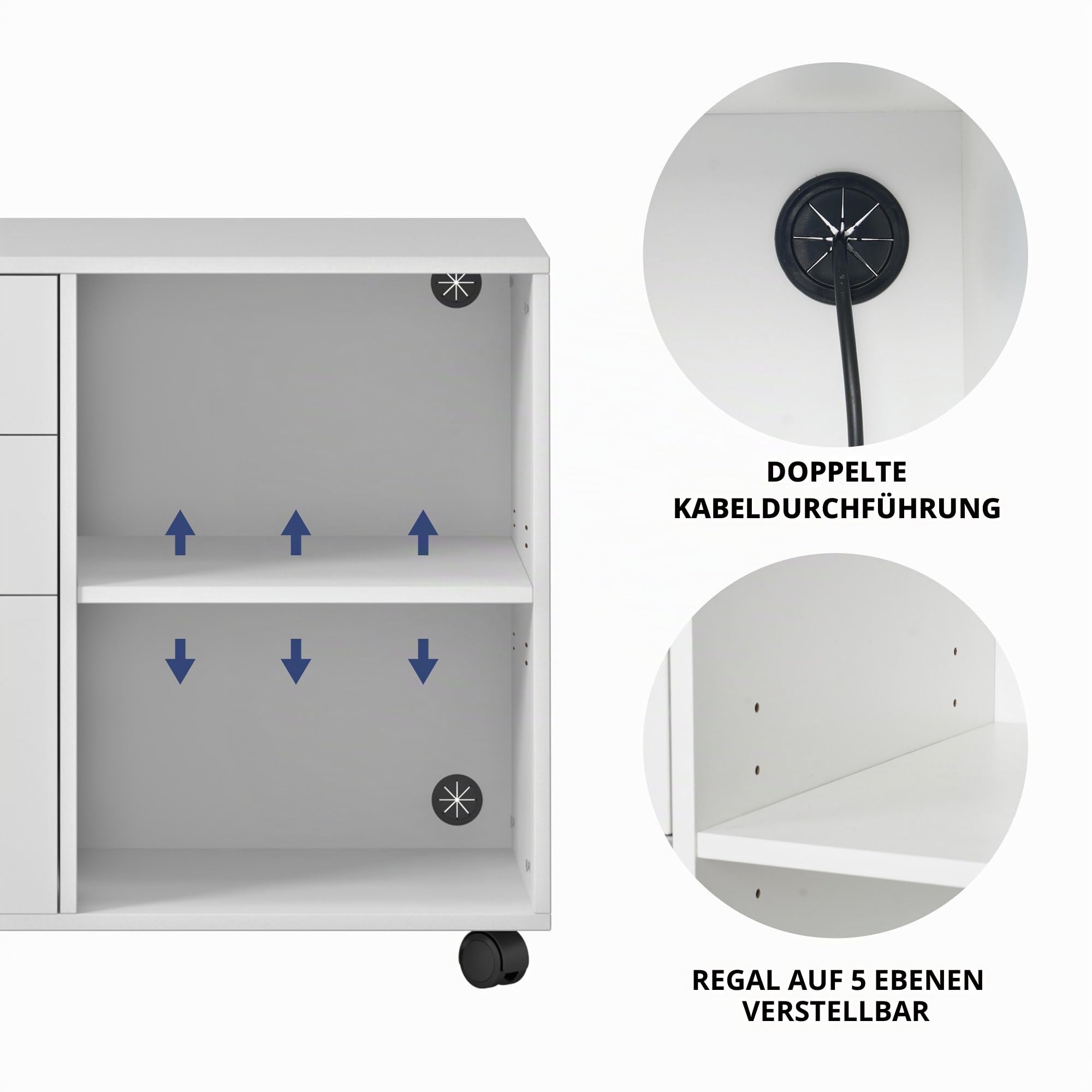 SogesHome Aktenschrank Rollcontainer Büroschrank Aufbewahrungsschrank aus Holz auf Rollen mit 3 Schubladen und 2 offenen Ablagen für A4, Legal, Letter Format,80x40x63 cm